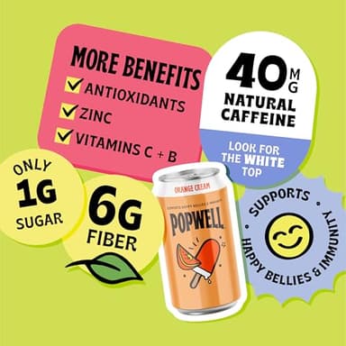 Popwell Orange Cream Caffeinated Better-For-You Prebiotic Soda, with 6g Fiber, 1g Sugar, Vitamins and Immunity Support, 12 fl oz Cans (pack of 12) - Image 4