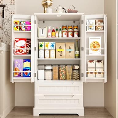Gizoon Kitchen Pantry Storage Cabinet with Drawers Freestanding Bathroom Storage Cabinets with Doors and Shelves, 47" Small Food Pantry Cabinet for Dining Room Craft Room, White - Image 2