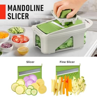Mueller Pro-Series All-in-One, 12 Blade Mandoline Slicer for Kitchen, Food Chopper, Cucumber Slicer and Spiralizer, Cutter, Dicer, Grater, Gifts for Mom, Kitchen Essentials, White Sand/Green - Image 7
