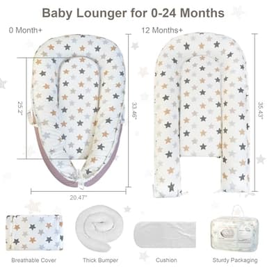 Baby Lounger with Waterproof Liner, Infant Lounger for 0-24 Months Newborn,Soft Cotton & Breathable Cover,Essentials Gifts for Baby Travel and Floor (Baby Star) - Image 3