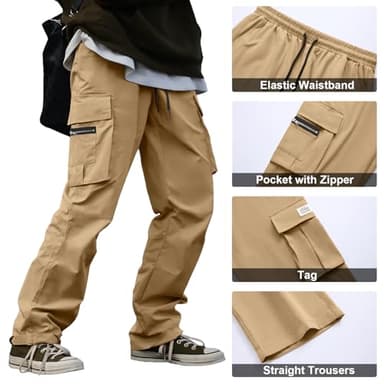 HOTake Cargo Joggers for Men Baggy Cargo Pants for Men Joggers Sweat Pants Sweatpants Streetwear Trousers for Men XX-Large Zip-Khaki - Image 4