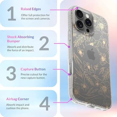 LONLI Hue Case for iPhone 16 Pro - [360° Shock-Absorbent Bumper] - [Cute and Unique Phone Cover for Girls and Women] - Gold Floral - Image 6