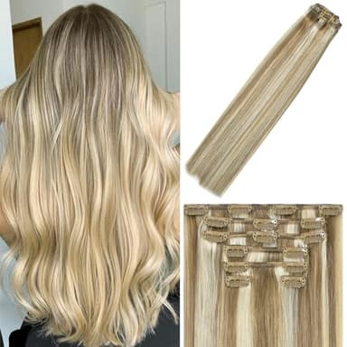 WindTouch Clip In Hair Extensions Human Hair Mixed Bleach Blonde 18Inch 75g Hair Extensions for Women Remy Blonde Extensions Clip in #18p613 7PCS - Image 1