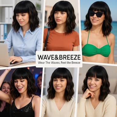 Black Mixed Brown Highlights Wigs for Black Women Short Wavy Curly Wig With Bangs Natural Looking Synthetic Hair Wigs Heat Resistant Fiber Wig for Daily Party - Image 3