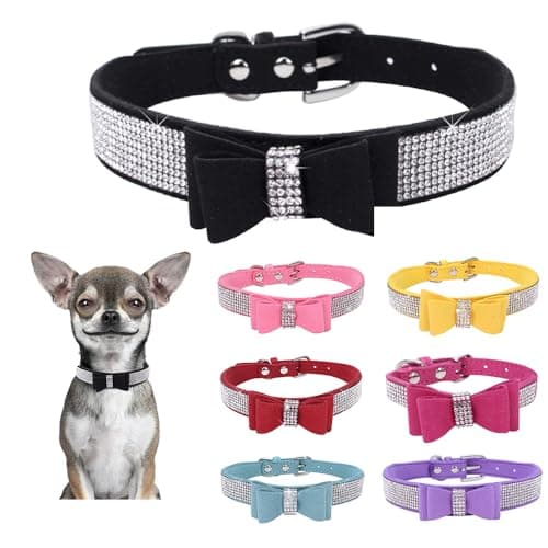 Rhinestone Bowtie Dog Collar for Girls Boys,Cute Dazzling Sparkling Soft Suede Leather Pretty Bling Cat Collars Crystal Diamond Pet for Small Medium Large Puppy Kitty Female Male - Image 1
