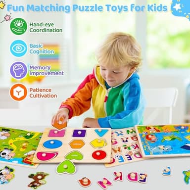 Wooden Peg Puzzles for Toddlers 2 3 4 Year Old, 4 Pack Montessori Toys Preschool Learning Puzzles for Toddlers 1-3 with Animals, Shapes, Alphabet, Wooden Toddler Toys Gifts for Kids Boys Girls - Image 2
