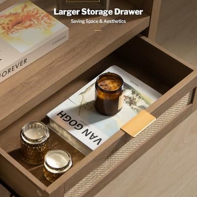 SICOTAS Larger Rattan Night Stand - Tall Nightstands with Type-C Charging Station, 3 Rattan Drawers, Boho Bedside Table End Table with Storage for Bedroom Sofa Couch Office - Oak - Image 6