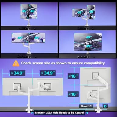 ARES WING Dual Monitor Arm Desk Mount for 17-49 Inch Ultrawide Monitors, Heavy Duty Dual Monitor Mount Holds 44 lbs, Full Motion Gas Spring Vertical Stacked Monitor Mount, 75/100 VESA Mount, White - Image 2