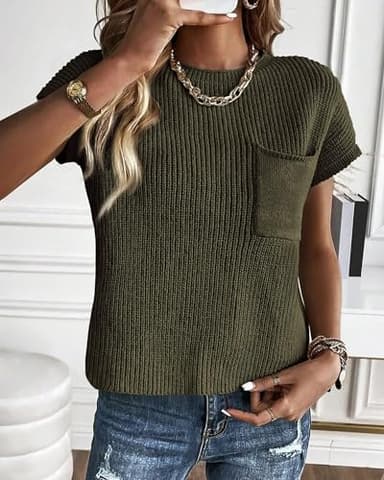 KIRUNDO Summer Fall Short Sleeve Sweater for Women 2025 Casual Sweater Vest Cotton Knit Pullover Tank Tops Fashion Clothing(Army Green, Medium) - Image 3