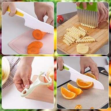 Leking 8 Pcs Wooden Kitchen Knife Set for Kids - Includes Safe Knives, Serrated Plastic Knives, Potato Slicers, Sandwich Cutter, Peeler and Cutting Board - Image 6