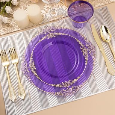 Bestluck 350PCS Clear Purple Plastic Plates for 50 Guests, Disposable Plates with Gold Trim include 50 Dinner Plates, 50 Dessert Plates, 150 Gold Silverware, 50 Cups, 50 Napkins for Party, Wedding - Image 6