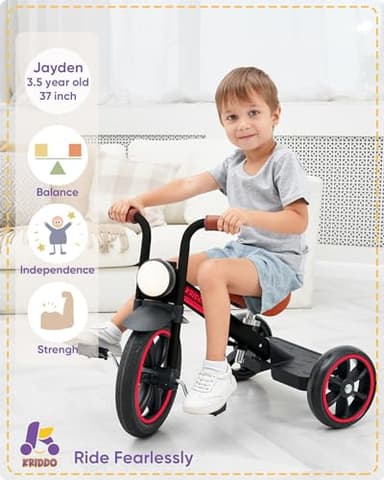 KRIDDO Kids Tricycle, 12 Inch Puncture Free Wheel w Front Light, Adjustable Seat Height, Gift for 2-5 Year Olds, Trike for Toddlers, Black - Image 2