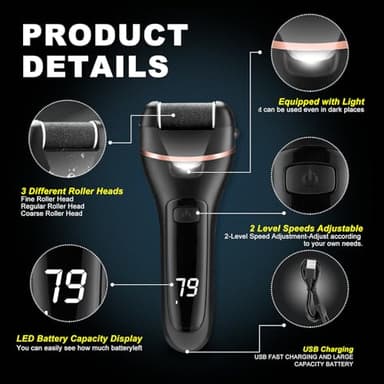 Electric Callus Remover for Feet, Rechargeable Portable Electronic Foot File Pedicure Kit, Waterproof Foot Scrubber File, Professional Pedicure Tools, Foot Care for Dead Skin Ideal Gift, 3 Rollers - Image 5