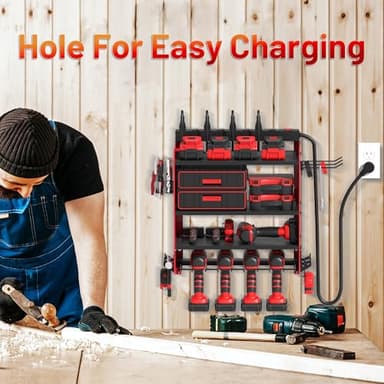 Power Tool Organizer Wall Mount with Charging Station, Garage 4 Drill Storage Shelf with Cordless Tool Holder, Heavy Duty Rack with 8 Outlet Power Strips and Hooks, Gift for Men, Husband (4 Layer) - Image 7