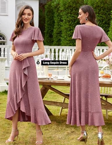 BeryLove Women Sequin Formal Party Dress Flutter Short Sleeve Wedding Guest Cocktail Long Evening Dresses BLS007 Blush XL - Image 2