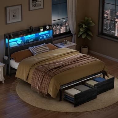 Furnulem Full Size Bed Frame with Wood Headboard, Metal Platform Bed Frame Full Size with 2 Storage Drawers and Shelf, LED Lights and Charging Station, No Box Spring Needed, Noise Free, Black - Image 8
