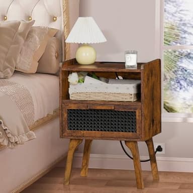 Lerliuo Rattan Nightstands Set of 2 with Charging Station, Boho Side Table with Drawer Open Shelf, Cane Accent Bedside End Table with Solid Wood Legs for Bedroom, Dorm and Small Spaces (Brown) - Image 5