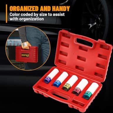 1/2" Drive 5pc Impact Lug Nut Socket Set, Metric 15-17-19-21-22 mm, Thin Wall with Colored Covers, Wheel Lug Nuts Socket with Protective Sleeve and Insert Prevent Damage to Rims (Red） - Image 6