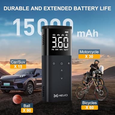 MEUCI Tire Inflator Portable Air Compressor - Cordless Air Pump for Car Tires with LED Light, 150PSI Electric Bike Tire Pump with Digital Pressure Gauge for Auto, Motorcycle, Bicycle, Balls - Image 3