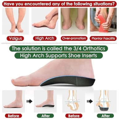 Dr. Foot 3/4 Orthotics Shoe Insoles, High Arch Supports Inserts for Flat Feet, Plantar Fasciitis, Over-Pronation, Fallen Arches (Red, Large(Men's 9-11 / Women's 10-12)) - Image 2