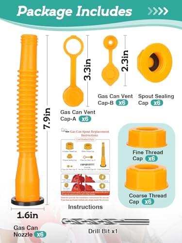 Gas Can Spout Replacement - 6 Kit Fuel Can Tank Nozzle with Gasket for 1/2/5/10 Gal Oil Cans, Easy to install, Durable Anti-Spill with Screw Collar Caps, Spout Cover, Base Cap, Drill Bit - Image 7