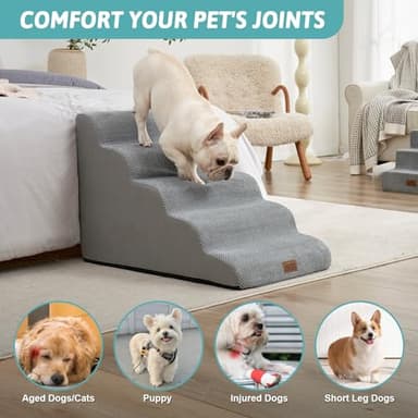 COZY KISS Wide Dog Stairs 19.7" Width, Pet Step for Small/Medium/Large Dog, Puppy or Cat, Pet Ramp for High Bed or Car, High Density Foam Ladder, 19.7x33x22.4 in, Stable, 5 Step, Grey - Image 4