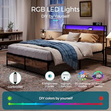 LINSY Queen Bed Frame with Ergonomic Headboard, Fast Assembly Metal Industrial Bed Frame with Lights & Charging, 14 inch Bed Queen Size with Storage, No Box Spring Needed, Rustic Brown - Image 4