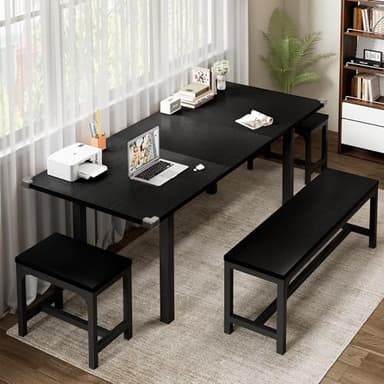 Feonase 5-Piece Dining Table Set for 4-8 People, 63" Large Extendable Kitchen Table Set with 2 Benches and 2 Square Stools, Dining Room Table with MDF Wood Board, Easy Assembly, Black - Image 7