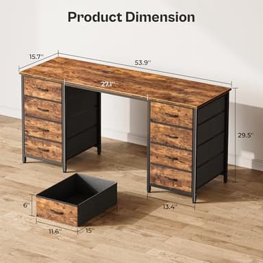 Huuger 55 Inch Computer Desk with 8 Fabric Drawers, Office Desk Work Desk for Home Office, Study, Gaming Desk with Drawers, Large Storage, Rustic Brown - Image 2