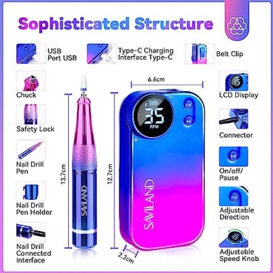 SAVILAND Portable Electric Nail Drill - PRO 35000RPM Electric Nail File Nail Drills for Acrylic Nails Professional with Drill Bits Manicure Pedicure Supplies Use Nail Art for Home DIY Salon Use - Image 5