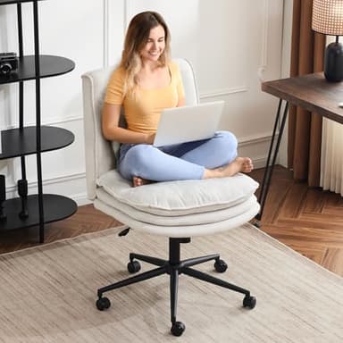 VINGLI Cloud Criss Cross Legged Chair,18" High Back Armless Home Office Desk Chair with Wheels,Wide Adjustable Comfy Padded Seat Task Computer Chair,Modern Swivel Makeup Vanity Chair,Fabric,Beige - Image 1