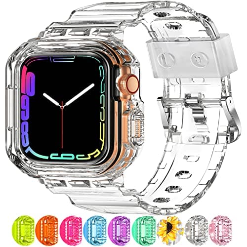 XYF Compatible for Crystal Clear Apple Watch Bands, 45mm 44mm 42mm Bumper Case for Men Women Jelly Sport Cover Strap for iWatch Ultra 3 2 Series 11 10 9 8 7 SE 6 5 4 3 (CrystalClear, 42/44/45) - Image 1