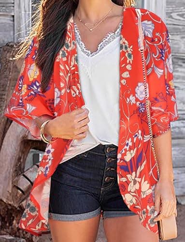 Summer Kimono Cardigan for Women Sheer Boho Tops Casual Open Front Swimwear Shirts Beach Cover ups (Boho Red,L) - Image 2