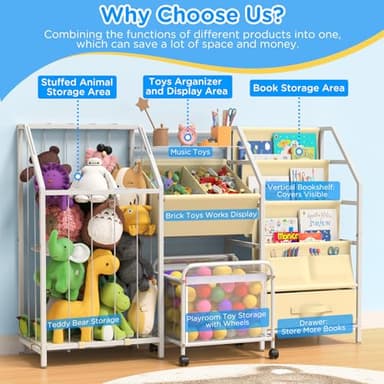 VORTULIUK Kids Bookshelf and Toy Storage, 3 Tier Sling Montessori Bookcase with Toy Organizer & Stuffed Animal Storage, Children Baby Toddler Book Shelf for Kids Rooms Nursery Bedroom Playroom, White - Image 5