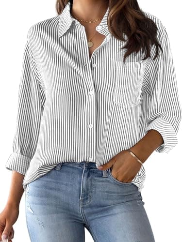 CUNLIN Grey Long Sleeve Striped Blouse Gray Blouses for Women Womens Button Down Shirt Shirts Tops Collared Up Boyfriend Grey Size L - Image 1