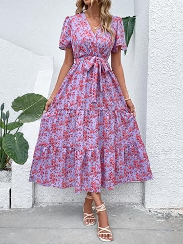 MASCOMODA Womens Summer Boho Maxi Dress Floral Wrap V Neck Flutter Short Sleeve Tie Waist A Line Tiered Flowy Long Dresses(Purple and Red,XX-Large) - Image 4