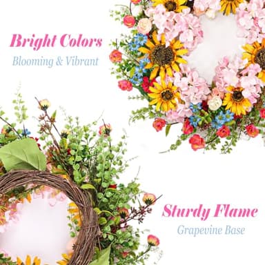 Lotus Hills 22" Spring Wreaths for Front Door, Front Door Wreath with Sunflower Pink Hydrangea Daisy Eucalyptus, Spring Summer Wreath Outdoor, Blooming Artificial Floral Decorations for Home Office - Image 2