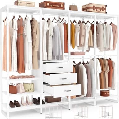 Aheaplus Wood Clothes Rack Wardrobe Closets for Hanging Clothes Heavy Duty Garment Rack, Large Corner L Shaped Closet System Organizer Walk-in Closet for Bedroom with 3 Wood Drawers, Pure White - Image 1