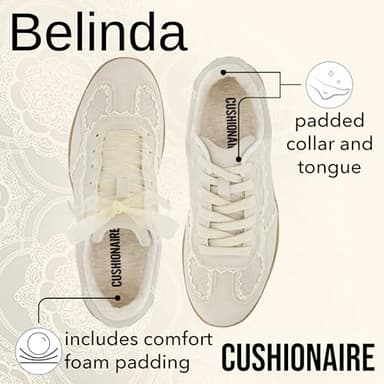 CUSHIONAIRE Belinda Women’s Lace Detail Casual Sneakers – Elegant Ribbon Lace-Up Shoes with Memory Foam, Ivory Vegan Suede 7.5 - Image 3