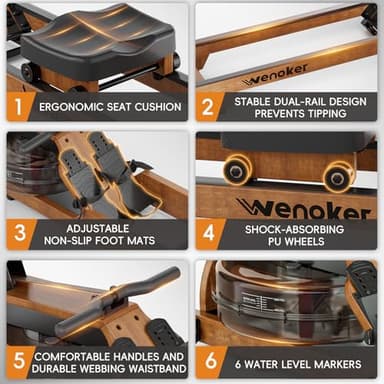WENOKER Water Rowing Machine for Home Use, Wooden Foldable Rower Machine with Adjustable Monitor & Bluetooth APP, Large Water Tank & Comfortable Seat for Immersive Water Rower, 350LBS Weight Capacity - Image 2