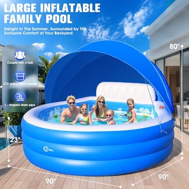 2025 Upgraded Inflatable Pool with Canopy, Inflatable Family Lounge Pool, Round Blow Up Pool for Adult with Bench & Backrest, Swim Center Easy Backyard Pools for Kids & Adults, 90"x90"x80", Blue - Image 5