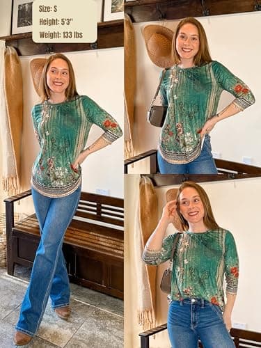 Zeagoo 3/4 Length Sleeve Oversized Tops for Women Round Neck Loose Fit Blouses Pleated Floral Print Shirts Night Out Cute Tunics - Image 5