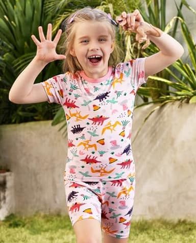 babee Reshinee Bamboo Viscose Toddler Girls Kids Pajama Sets Short Summer Cool Snug fit Sleepwear Pjs 2pcs Set 4-5Y Pink Dino - Image 7