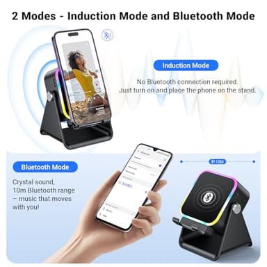 Induction Speaker with Phone Stand 5 in 1 Wireless Induction Bluetooth Audio for iPhone Android Phone Speakers Amplifier with Rechargeable Colorful Light, Birthday Gifts for Men Women Teens (Black) - Image 3
