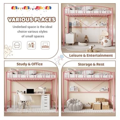 GarveeHome Loft Bed Twin Size, Heavy Duty Metal Loft Bed Frame with Arched Guardrail and Safety Ladder, Space-Saving, No Box Spring Needed, Pink - Image 7