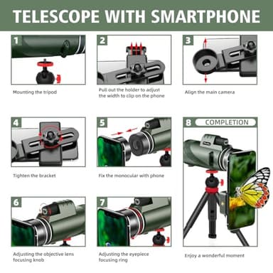 40x60 High Power Monocular Telescope for Adults - Equipped with Phone Adapter, Tripod, and Hand Strap - Low Light Night Vision with BAK4 Prism - Perfect for Bird Watching, Travel, and Concerts - Image 5