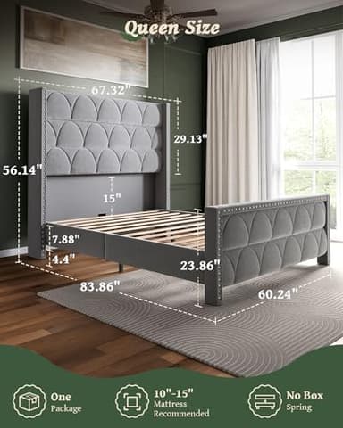 OHOHOLIVE Queen Size Bed Frame with 56" Headboard - 1000LBS Capacity Support, Velvet Upholstered Wingback Platform Bed Frame, Noise Free, Sturdy Wooden Slat Support - Image 2