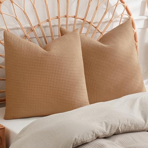 PHF 100% Cotton Waffle Weave Euro Shams 26"X26", No Filling, 2 Pack Elegant Home Decorative Euro Throw Pillow Covers for Bed Couch Sofa,Standstone - Image 1