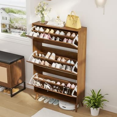 Fsbecl Shoe Storage Cabinet for Entryway with 4 Flip Drawers, Narrow Shoe Organizer with Fluted Panel, Freestanding Wood Hidden Shoe Cabinet for Foyer, Hallway (Walnut, 3 Flip Drawers) - Image 8