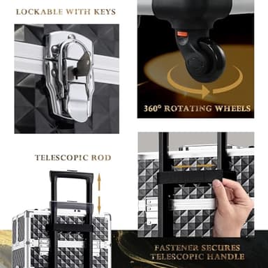 Stagiant Rolling Makeup Case Cosmetology Case on Wheels 4 in 1 Large Cosmetic Organizer Train Case Makeup Travel Case with Key Swivel Wheels Nail Artist Salon Storage Traveling Cart Trunk Black - Image 7